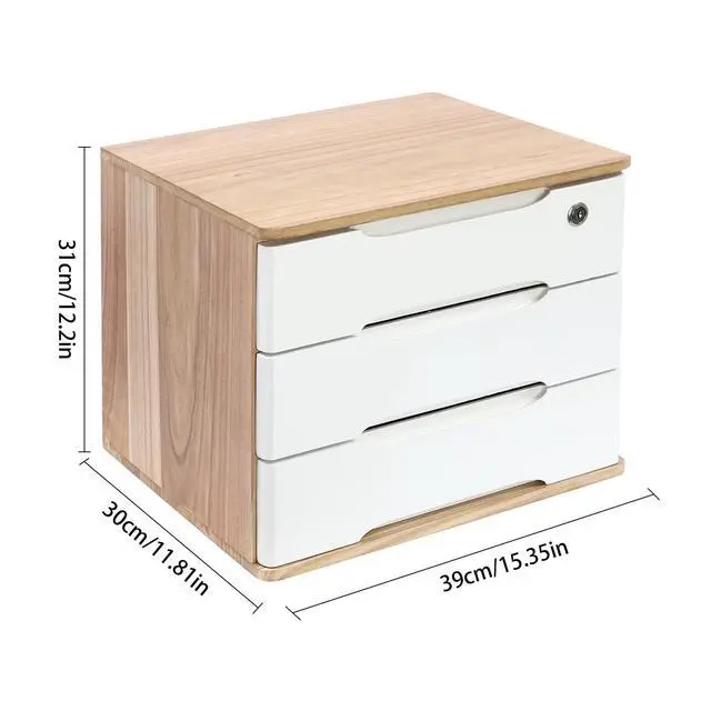 Alt view image 3 of 7 - Wooden Desk Organizer with Drawers and Lock, Desktop Storage Cabinet,Drawer Organizer Desktop Drawer Wooden Storage Box for Home office Supplies (Wood&White, 3Tier)