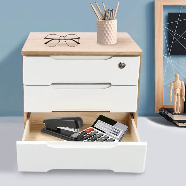 Alt view image 6 of 7 - Wooden Desk Organizer with Drawers and Lock, Desktop Storage Cabinet,Drawer Organizer Desktop Drawer Wooden Storage Box for Home office Supplies (Wood&White, 3Tier)