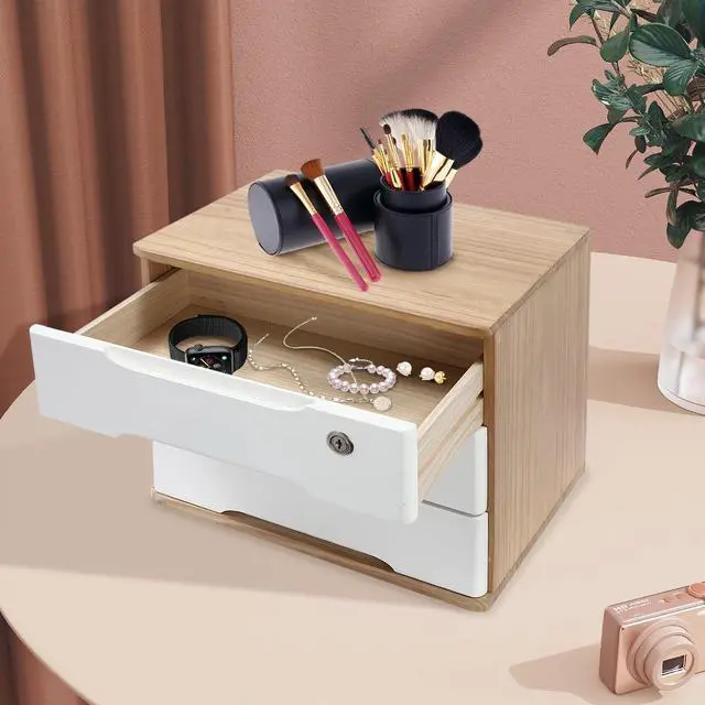 Alt view image 7 of 7 - Wooden Desk Organizer with Drawers and Lock, Desktop Storage Cabinet,Drawer Organizer Desktop Drawer Wooden Storage Box for Home office Supplies (Wood&White, 3Tier)