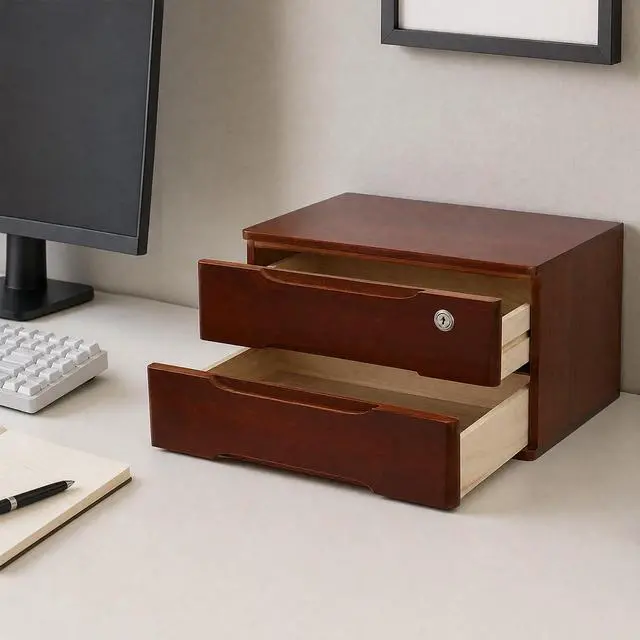 Alt view image 2 of 7 - Wooden Desk Organizer with Drawers and Lock, Desktop Storage Cabinet,Drawer Organizer Desktop Drawer Wooden Storage Box for Home office Supplies (Walnut, 2Tier)