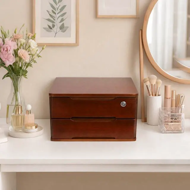 Alt view image 6 of 7 - Wooden Desk Organizer with Drawers and Lock, Desktop Storage Cabinet,Drawer Organizer Desktop Drawer Wooden Storage Box for Home office Supplies (Walnut, 2Tier)