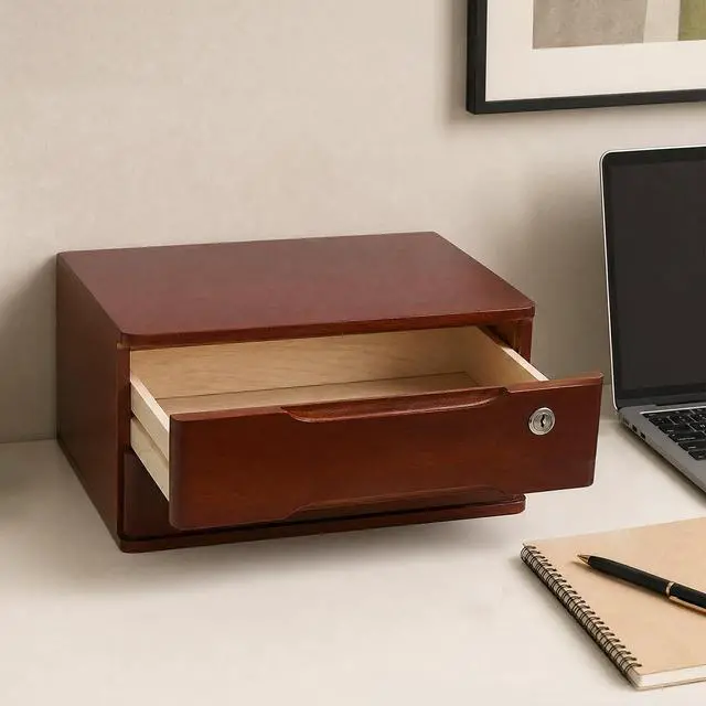 Alt view image 5 of 7 - Wooden Desk Organizer with Drawers and Lock, Desktop Storage Cabinet,Drawer Organizer Desktop Drawer Wooden Storage Box for Home office Supplies (Walnut, 2Tier)