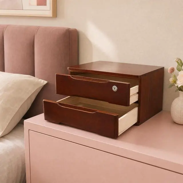 Alt view image 4 of 7 - Wooden Desk Organizer with Drawers and Lock, Desktop Storage Cabinet,Drawer Organizer Desktop Drawer Wooden Storage Box for Home office Supplies (Walnut, 2Tier)