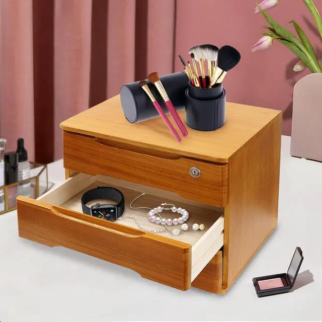 Alt view image 7 of 7 - Wooden Desk Organizer with Drawers and Lock, Desktop Storage Cabinet,Drawer Organizer Desktop Drawer Wooden Storage Box for Home office Supplies (Wood, 3Tier)