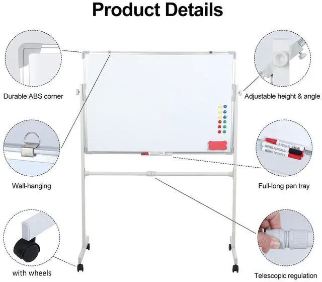 Alt view image 6 of 7 - Mobile Whiteboard with Stand 36"x24" Portable Magnetic Dry Erase Board on Wheels Included 12 Magnets, 5 Markers & 1 Eraser