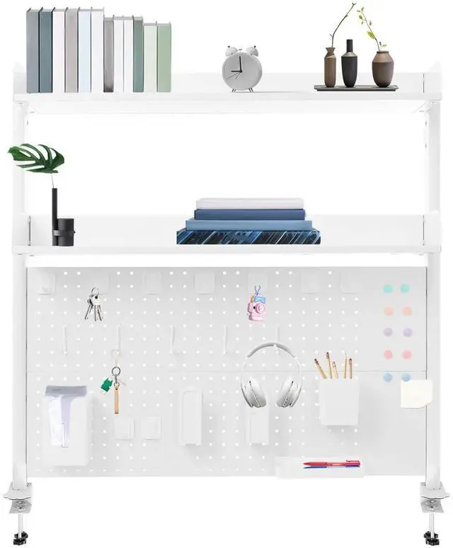 Main image of Clamp on Desk Organizer Shelf with Pegboard, Multipurpose Desktop Hutch Desk Bookshelf Desktop Bookcase Storage Rack Display Shelf for Home Office Dorm, Study Rooms, Bedrooms (White)