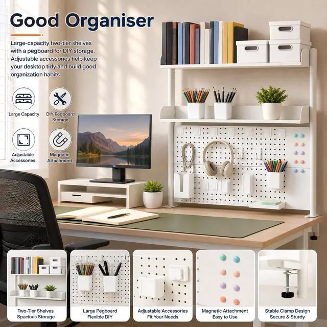 Alt view image 5 of 7 - Clamp on Desk Organizer Shelf with Pegboard, Multipurpose Desktop Hutch Desk Bookshelf Desktop Bookcase Storage Rack Display Shelf for Home Office Dorm, Study Rooms, Bedrooms (White)