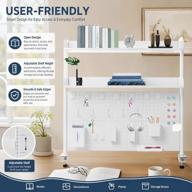 Alt view image 7 of 7 - Clamp on Desk Organizer Shelf with Pegboard, Multipurpose Desktop Hutch Desk Bookshelf Desktop Bookcase Storage Rack Display Shelf for Home Office Dorm, Study Rooms, Bedrooms (White)