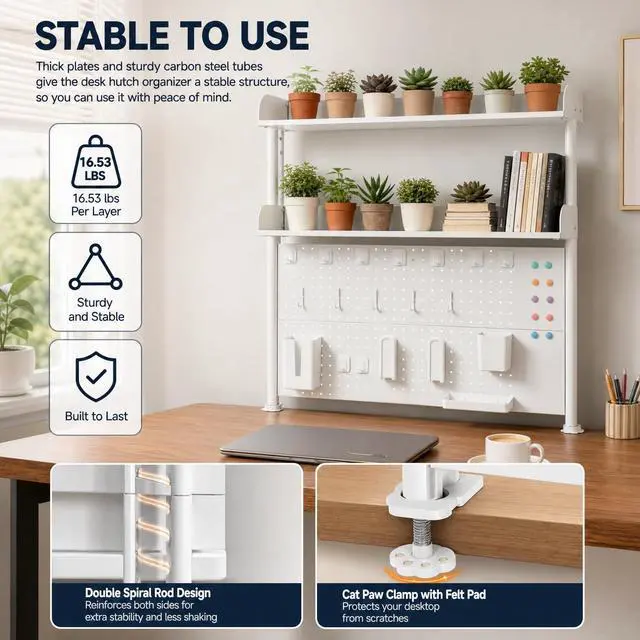 Alt view image 4 of 7 - Clamp on Desk Organizer Shelf with Pegboard, Multipurpose Desktop Hutch Desk Bookshelf Desktop Bookcase Storage Rack Display Shelf for Home Office Dorm, Study Rooms, Bedrooms (White)