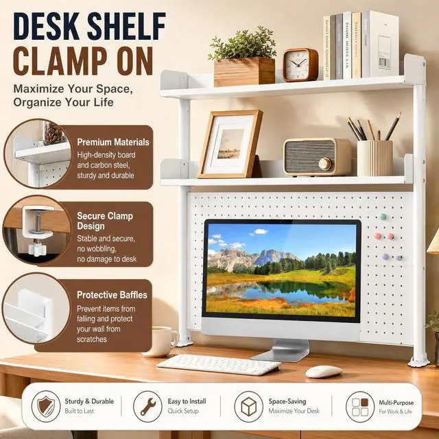 Alt view image 3 of 7 - Clamp on Desk Organizer Shelf with Pegboard, Multipurpose Desktop Hutch Desk Bookshelf Desktop Bookcase Storage Rack Display Shelf for Home Office Dorm, Study Rooms, Bedrooms (White)