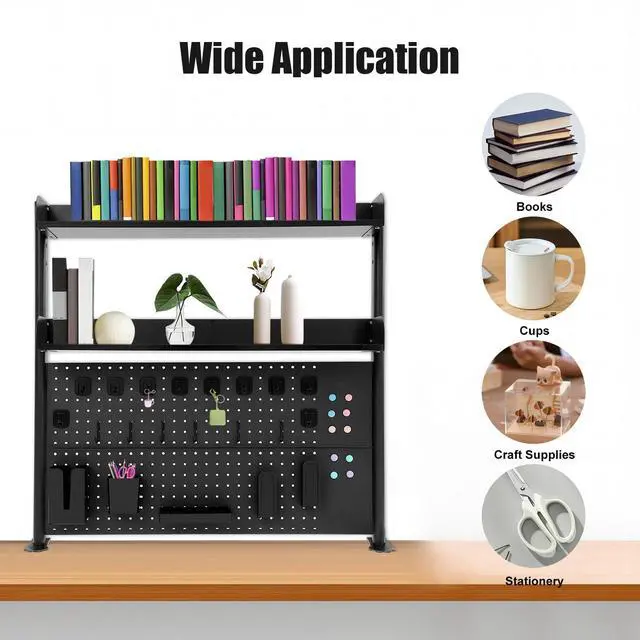 Alt view image 4 of 7 - Clamp on Desk Organizer Shelf with Pegboard, Multipurpose Desktop Hutch Desk Bookshelf Desktop Bookcase Storage Rack Display Shelf for Home Office Dorm, Study Rooms, Bedrooms (Black)