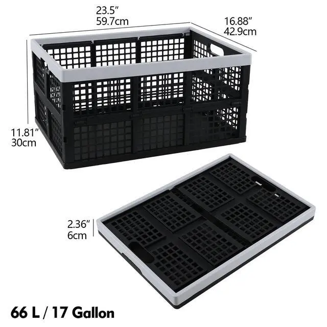 Alt view image 2 of 7 - 3-Pack 66 L Collapsible Milk Crates, Folding Plastic Storage Bins | Stackable Containers for Organizing, Foldable Crates 23.5 x 16.88 x 11.81 in, Black, Space-Saving Fold-Flat Design