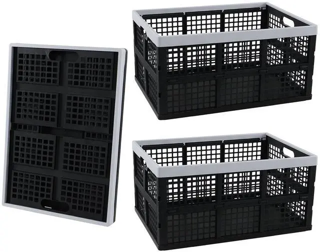 Main image of 3-Pack 66 L Collapsible Milk Crates, Folding Plastic Storage Bins | Stackable Containers for Organizing, Foldable Crates 23.5 x 16.88 x 11.81 in, Black, Space-Saving Fold-Flat Design