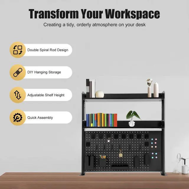 Alt view image 7 of 7 - Clamp on Desk Organizer Shelf with Pegboard, Multipurpose Desktop Hutch Desk Bookshelf Desktop Bookcase Storage Rack Display Shelf for Home Office Dorm, Study Rooms, Bedrooms (Black)