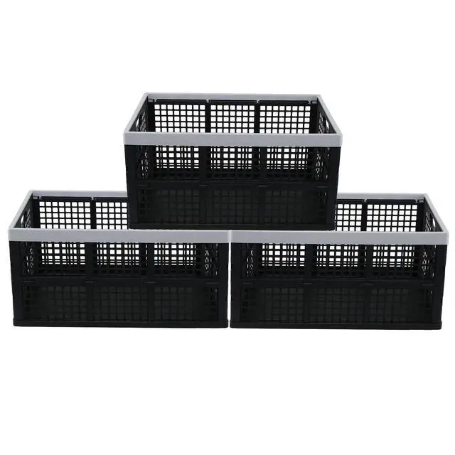 Alt view image 7 of 7 - 3-Pack 66 L Collapsible Milk Crates, Folding Plastic Storage Bins | Stackable Containers for Organizing, Foldable Crates 23.5 x 16.88 x 11.81 in, Black, Space-Saving Fold-Flat Design