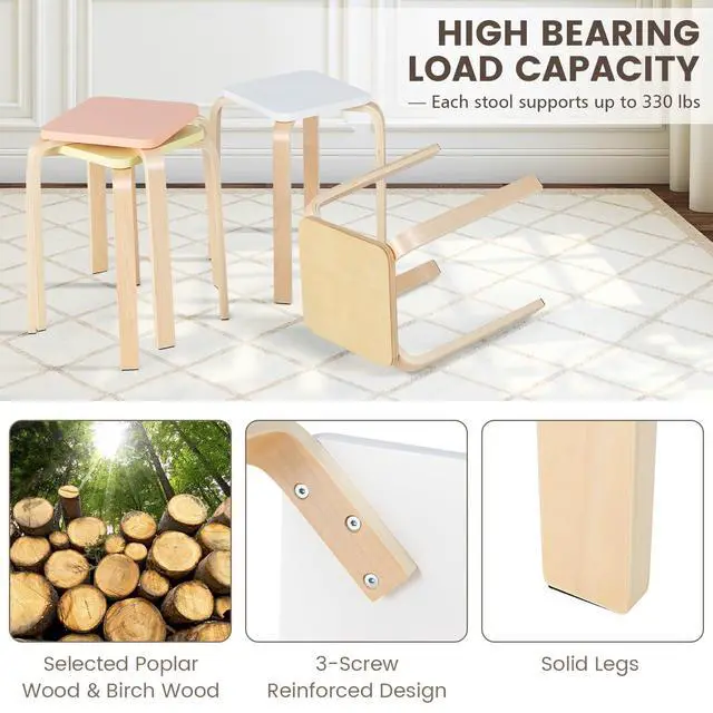 Alt view image 6 of 7 - 18-Inch Stackable Wooden School Stools Set of 4, Assorted Color | Portable Backless School Chairs with Square Top, Anti-Slip Felt Mats, Stacking Stools for Classroom, Dining Room, Kitchen