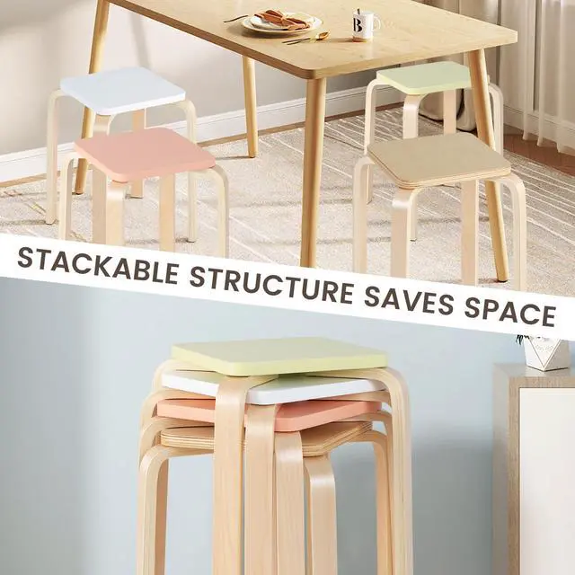 Alt view image 7 of 7 - 18-Inch Stackable Wooden School Stools Set of 4, Assorted Color | Portable Backless School Chairs with Square Top, Anti-Slip Felt Mats, Stacking Stools for Classroom, Dining Room, Kitchen