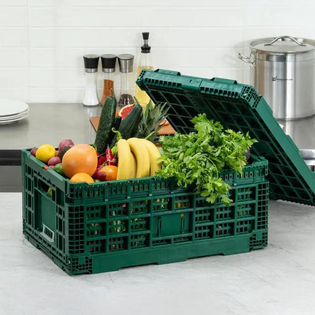 Alt view image 4 of 7 - Cater Tek 43 Liter Collapsible Crate 1 Stackable Storage Crate - With Handles Mesh Design Green Plastic Folding Crate Heavy-Duty For Home Garage Or Commercial Use