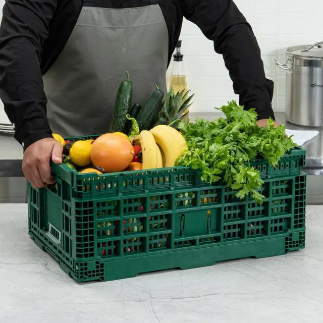 Alt view image 5 of 7 - Cater Tek 43 Liter Collapsible Crate 1 Stackable Storage Crate - With Handles Mesh Design Green Plastic Folding Crate Heavy-Duty For Home Garage Or Commercial Use