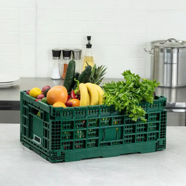 Alt view image 3 of 7 - Cater Tek 43 Liter Collapsible Crate 1 Stackable Storage Crate - With Handles Mesh Design Green Plastic Folding Crate Heavy-Duty For Home Garage Or Commercial Use
