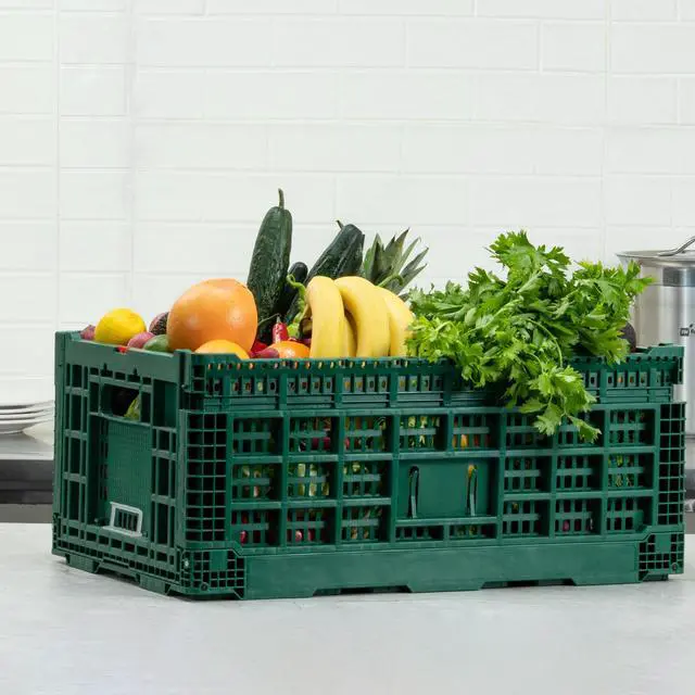 Alt view image 6 of 7 - Cater Tek 43 Liter Collapsible Crate 1 Stackable Storage Crate - With Handles Mesh Design Green Plastic Folding Crate Heavy-Duty For Home Garage Or Commercial Use