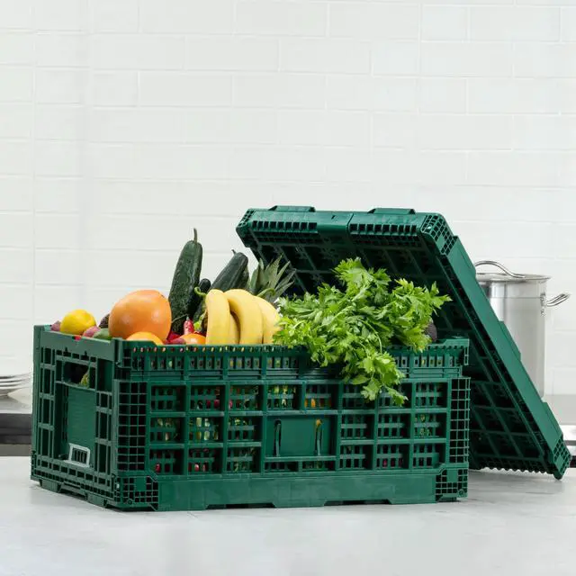Alt view image 7 of 7 - Cater Tek 43 Liter Collapsible Crate 1 Stackable Storage Crate - With Handles Mesh Design Green Plastic Folding Crate Heavy-Duty For Home Garage Or Commercial Use