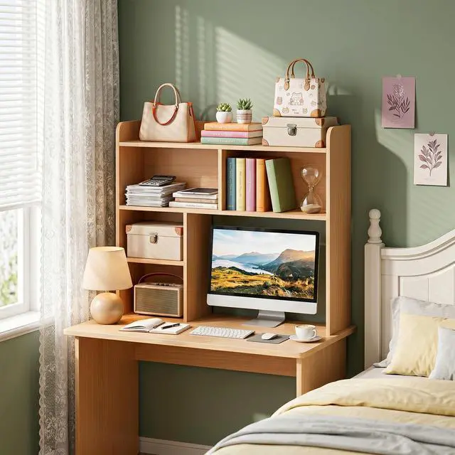 Alt view image 2 of 7 - Desktop Bookshelf, Countertop Storage Hutch with 3 Shelves for Computer Desk, 2-Tier Display Rack, Multipurpose Wood Desk Hutch Storage Organizer for Home Office Dorm, Natural