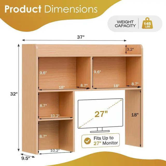 Alt view image 3 of 7 - Desktop Bookshelf, Countertop Storage Hutch with 3 Shelves for Computer Desk, 2-Tier Display Rack, Multipurpose Wood Desk Hutch Storage Organizer for Home Office Dorm, Natural