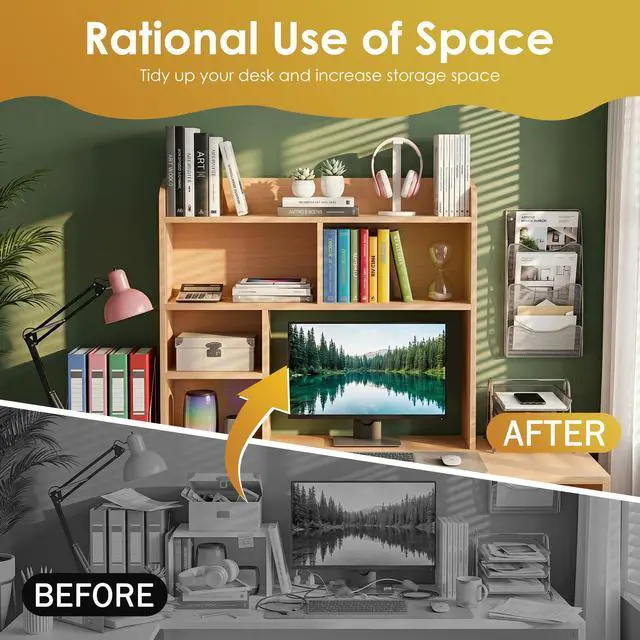 Alt view image 7 of 7 - Desktop Bookshelf, Countertop Storage Hutch with 3 Shelves for Computer Desk, 2-Tier Display Rack, Multipurpose Wood Desk Hutch Storage Organizer for Home Office Dorm, Natural
