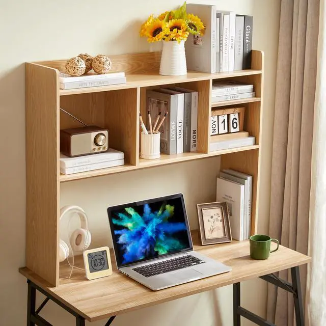 Main image of Desktop Bookshelf, Wooden Desk Storage Hutch with 6 Shelves for Computer Desk, 3-Tier Desktop Display Organizer Rack for Office Home (Natural)