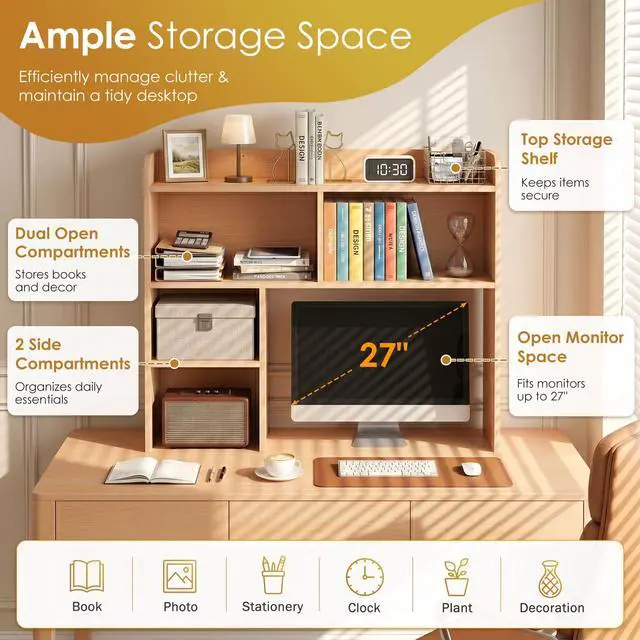 Alt view image 6 of 7 - Desktop Bookshelf, Countertop Storage Hutch with 3 Shelves for Computer Desk, 2-Tier Display Rack, Multipurpose Wood Desk Hutch Storage Organizer for Home Office Dorm, Natural
