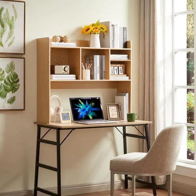 Alt view image 4 of 6 - Desktop Bookshelf, Wooden Desk Storage Hutch with 6 Shelves for Computer Desk, 3-Tier Desktop Display Organizer Rack for Office Home (Natural)