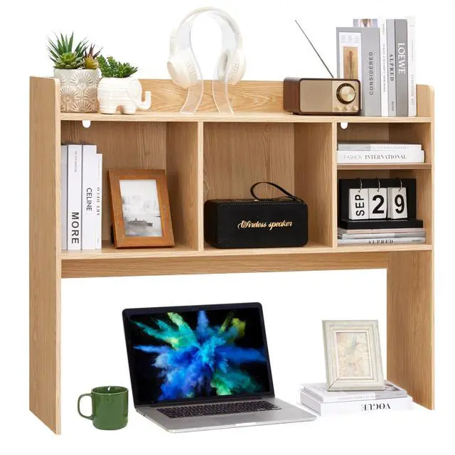Alt view image 3 of 6 - Desktop Bookshelf, Wooden Desk Storage Hutch with 6 Shelves for Computer Desk, 3-Tier Desktop Display Organizer Rack for Office Home (Natural)