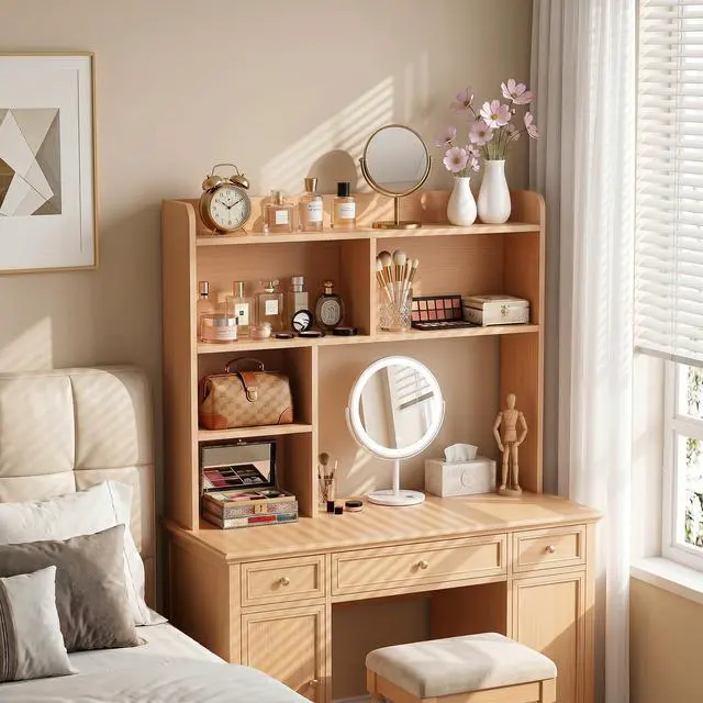 Alt view image 4 of 7 - Desktop Bookshelf, Countertop Storage Hutch with 3 Shelves for Computer Desk, 2-Tier Display Rack, Multipurpose Wood Desk Hutch Storage Organizer for Home Office Dorm, Natural
