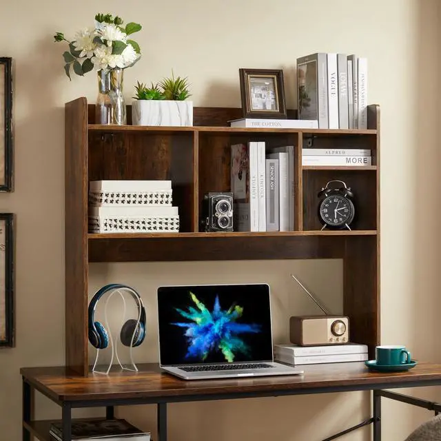 Main image of Desktop Bookshelf, Wooden Desk Storage Hutch with 6 Shelves for Computer Desk, 3-Tier Desktop Display Organizer Rack for Office Home (Brown)