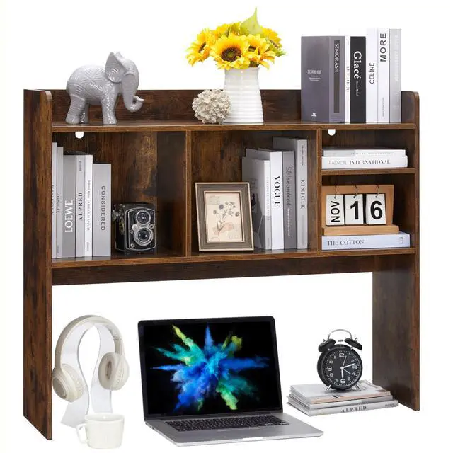Alt view image 3 of 6 - Desktop Bookshelf, Wooden Desk Storage Hutch with 6 Shelves for Computer Desk, 3-Tier Desktop Display Organizer Rack for Office Home (Brown)