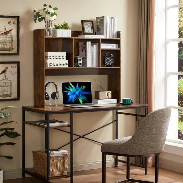 Alt view image 4 of 6 - Desktop Bookshelf, Wooden Desk Storage Hutch with 6 Shelves for Computer Desk, 3-Tier Desktop Display Organizer Rack for Office Home (Brown)
