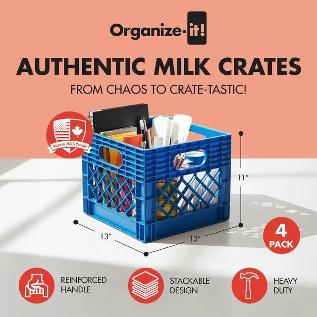 Alt view image 2 of 5 - 4 Pack Storage Milk Crate, Heavy Duty Versatile Box Organizers with Easy-Grip Handles, Interior 12.25"L x 12.25"W x 10.5"H, Blue