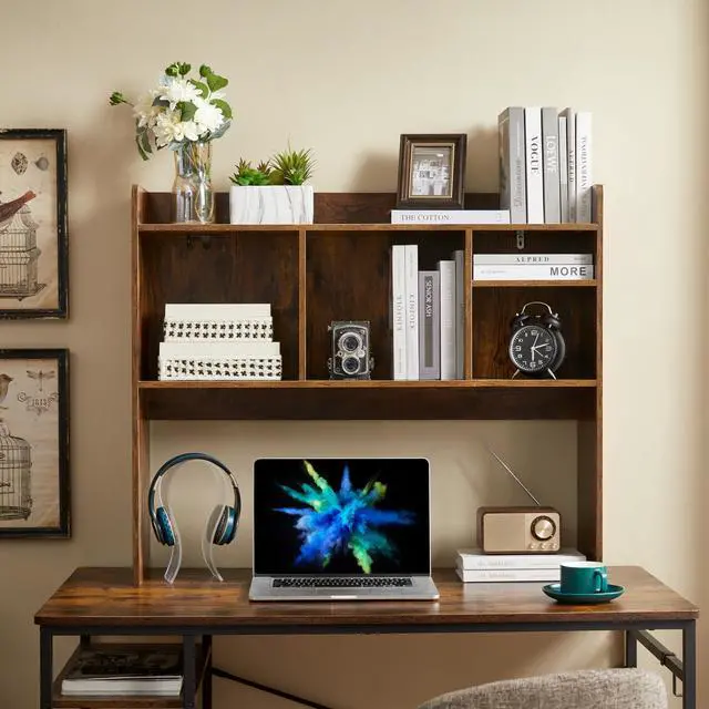 Alt view image 5 of 6 - Desktop Bookshelf, Wooden Desk Storage Hutch with 6 Shelves for Computer Desk, 3-Tier Desktop Display Organizer Rack for Office Home (Brown)