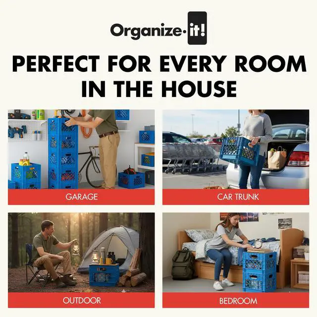 Alt view image 4 of 5 - 4 Pack Storage Milk Crate, Heavy Duty Versatile Box Organizers with Easy-Grip Handles, Interior 12.25"L x 12.25"W x 10.5"H, Blue