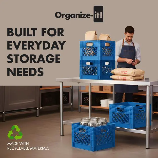 Alt view image 3 of 5 - 4 Pack Storage Milk Crate, Heavy Duty Versatile Box Organizers with Easy-Grip Handles, Interior 12.25"L x 12.25"W x 10.5"H, Blue