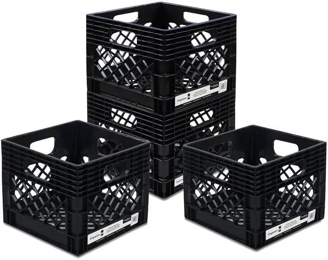 Main image of 4 Pack Storage Milk Crate, Heavy Duty Versatile Box Organizers with Easy-Grip Handles, Interior 12.25"L x 12.25"W x 10.5"H, Black