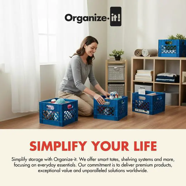 Alt view image 5 of 5 - 4 Pack Storage Milk Crate, Heavy Duty Versatile Box Organizers with Easy-Grip Handles, Interior 12.25"L x 12.25"W x 10.5"H, Blue