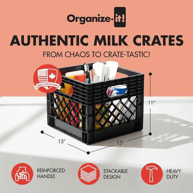 Alt view image 2 of 6 - 4 Pack Storage Milk Crate, Heavy Duty Versatile Box Organizers with Easy-Grip Handles, Interior 12.25"L x 12.25"W x 10.5"H, Black