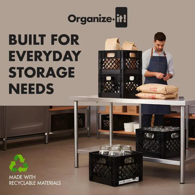 Alt view image 3 of 6 - 4 Pack Storage Milk Crate, Heavy Duty Versatile Box Organizers with Easy-Grip Handles, Interior 12.25"L x 12.25"W x 10.5"H, Black