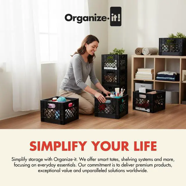 Alt view image 5 of 6 - 4 Pack Storage Milk Crate, Heavy Duty Versatile Box Organizers with Easy-Grip Handles, Interior 12.25"L x 12.25"W x 10.5"H, Black