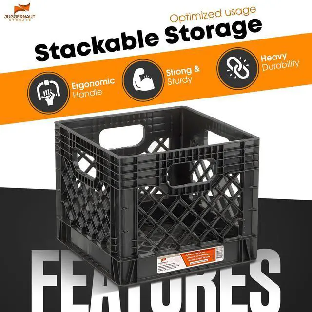 Alt view image 3 of 7 - Juggernaut 16 Quart Storage Crate, Milk Crate Plastic Basket w/ 4 Handles, Organizer Bins for Office Storage & Classroom Organization, 4-Pack, Black