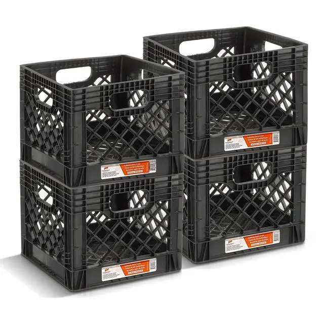 Alt view image 6 of 7 - Juggernaut 16 Quart Storage Crate, Milk Crate Plastic Basket w/ 4 Handles, Organizer Bins for Office Storage & Classroom Organization, 4-Pack, Black