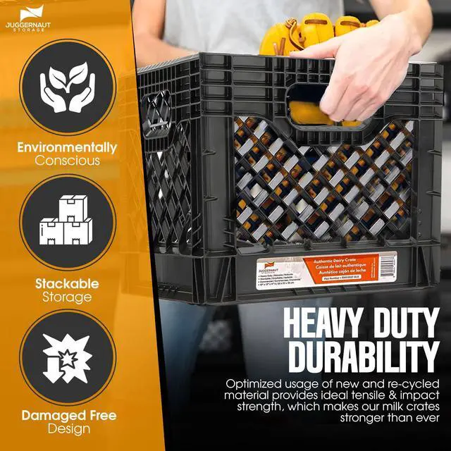Alt view image 4 of 7 - Juggernaut 16 Quart Storage Crate, Milk Crate Plastic Basket w/ 4 Handles, Organizer Bins for Office Storage & Classroom Organization, 4-Pack, Black