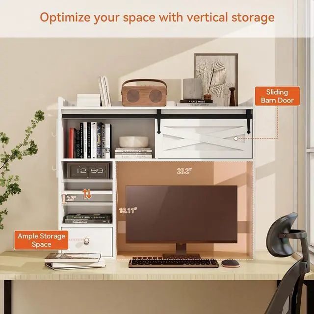 Alt view image 3 of 7 - Desktop Bookshelf, Desk Shelf with Drawer for Computer Desk, 36.22" 7-Tier Adjustable Desktop Hutch Organizer with Pegboard for Home Office, Oak